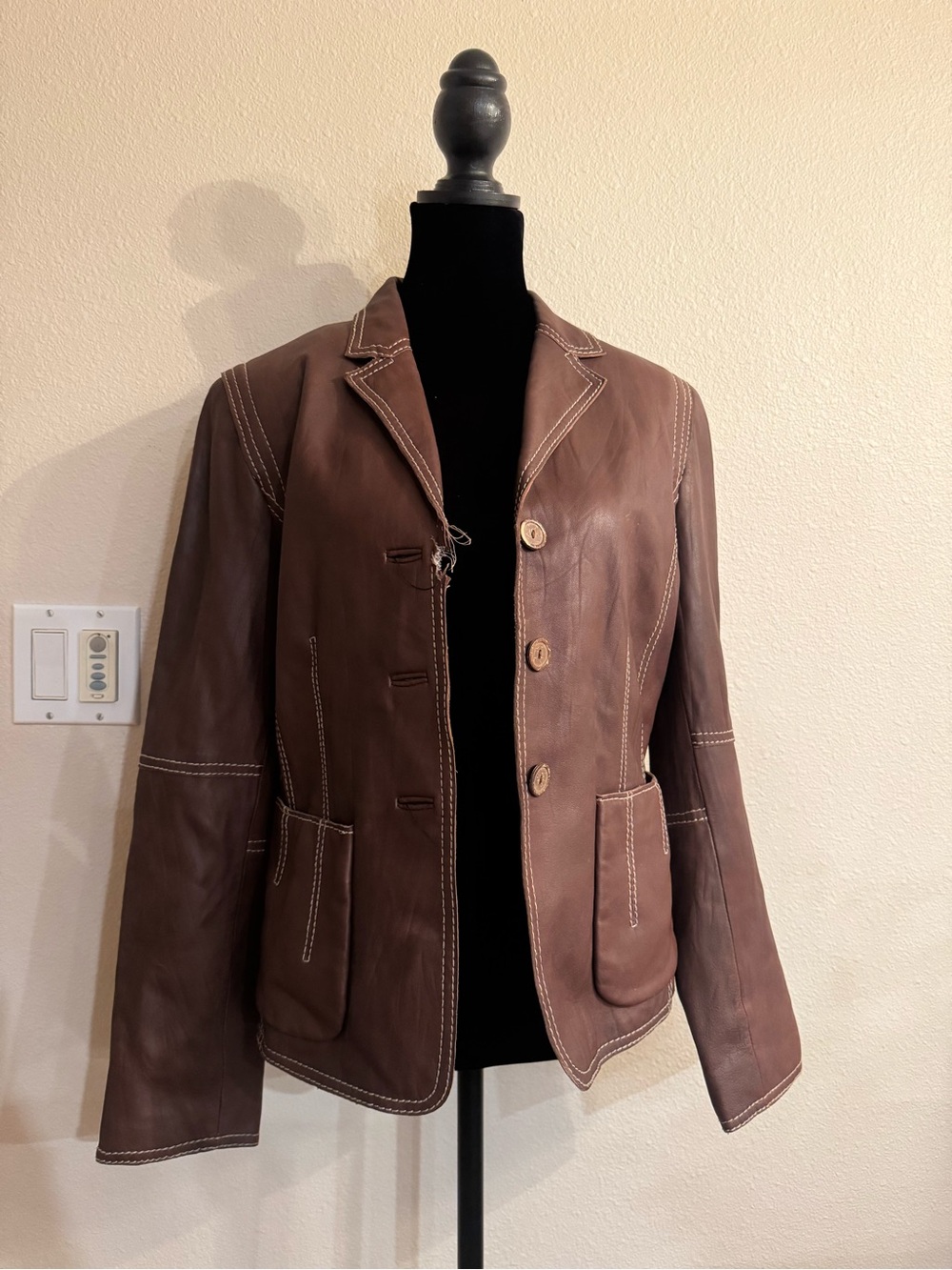 CAbi Brown Leather Blazer Jacket with Contrast Stitching